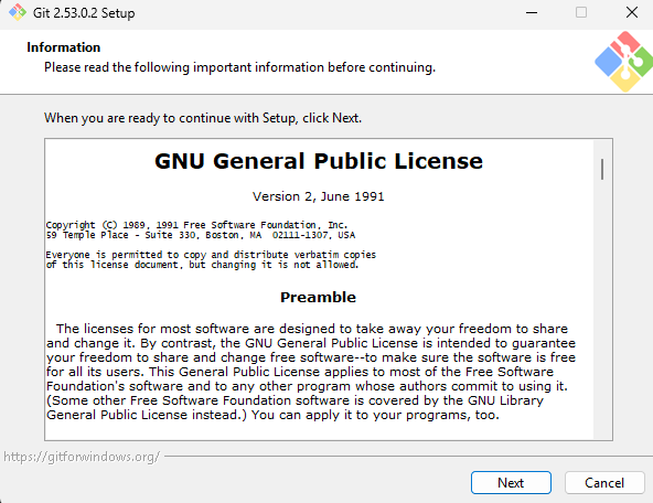 Instalacja Git - ekran licencji